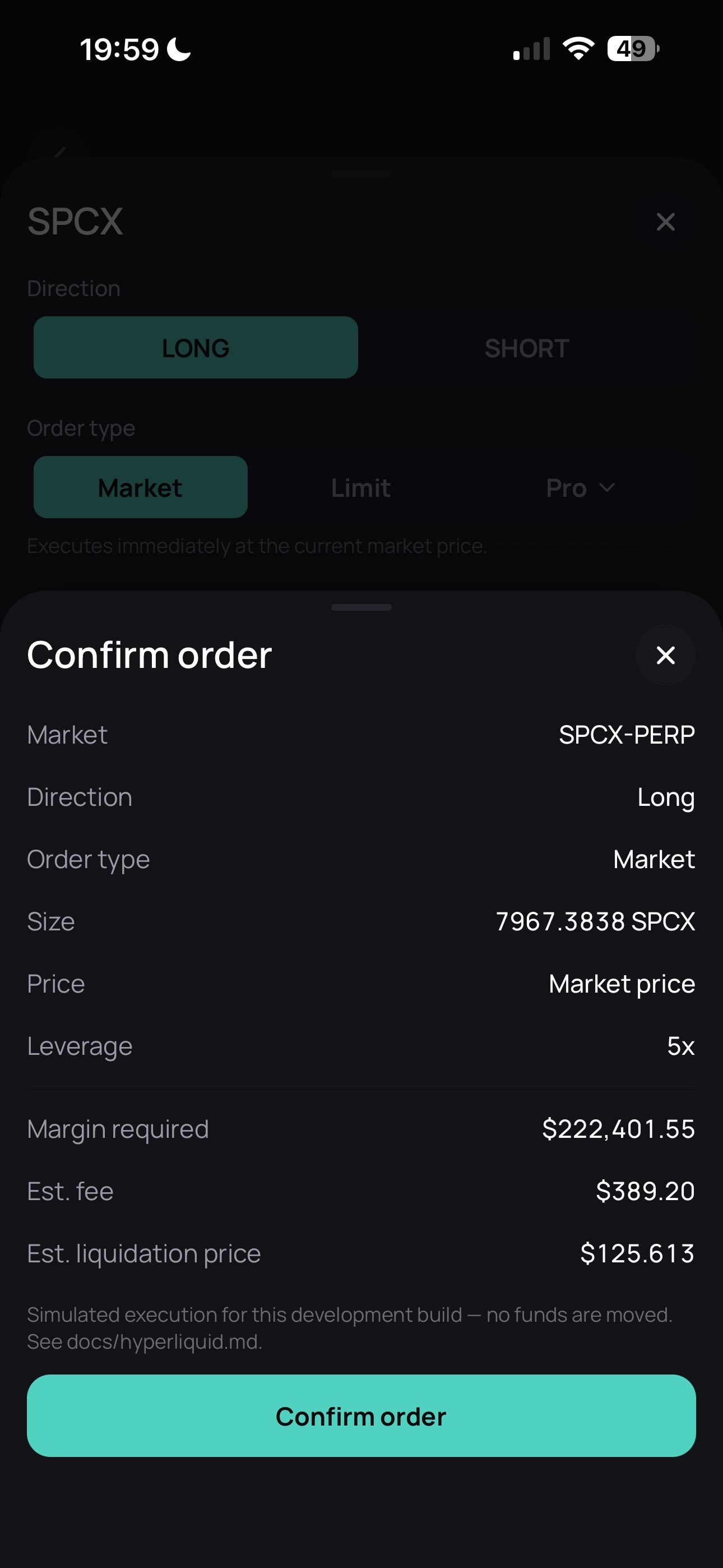 Levra trade confirmation sheet for a long SPCX position with margin, fee, and liquidation price